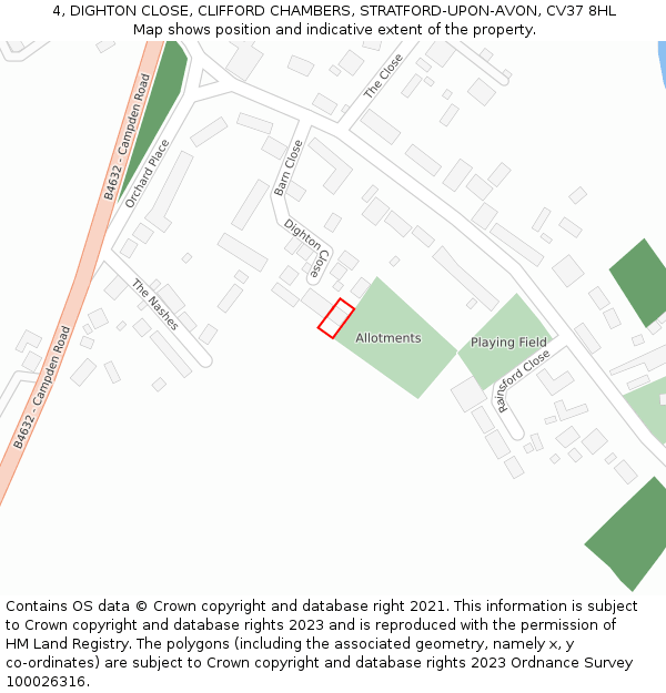 4, DIGHTON CLOSE, CLIFFORD CHAMBERS, STRATFORD-UPON-AVON, CV37 8HL: Location map and indicative extent of plot