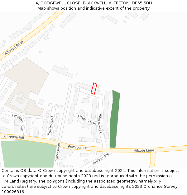 4, DODGEWELL CLOSE, BLACKWELL, ALFRETON, DE55 5BH: Location map and indicative extent of plot