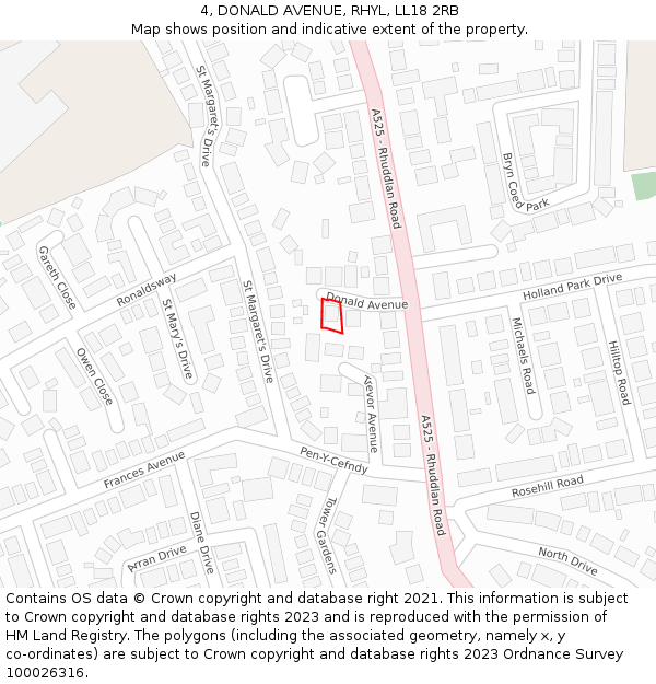 4, DONALD AVENUE, RHYL, LL18 2RB: Location map and indicative extent of plot