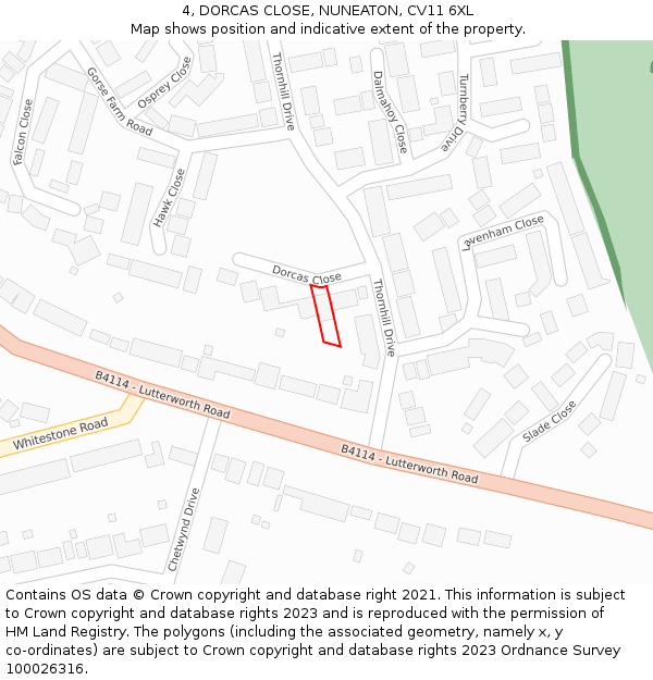 4, DORCAS CLOSE, NUNEATON, CV11 6XL: Location map and indicative extent of plot