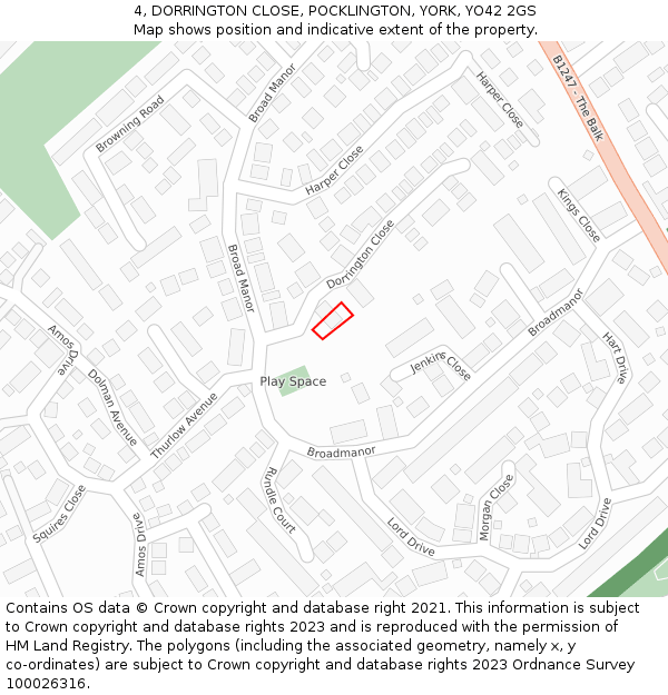 4, DORRINGTON CLOSE, POCKLINGTON, YORK, YO42 2GS: Location map and indicative extent of plot