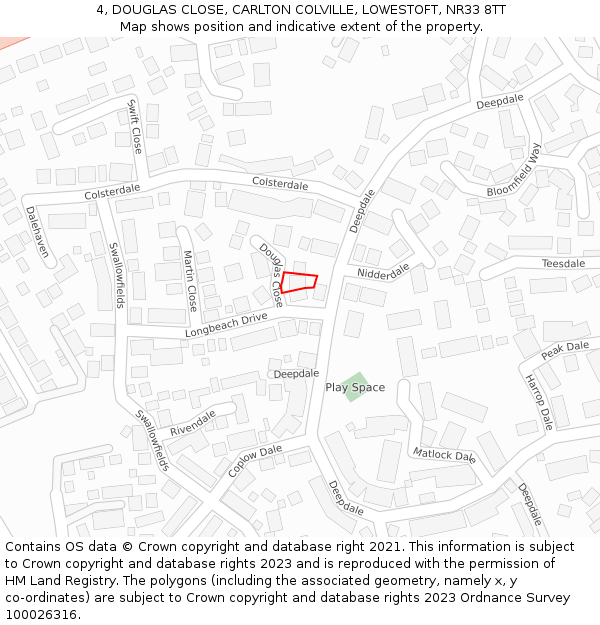 4, DOUGLAS CLOSE, CARLTON COLVILLE, LOWESTOFT, NR33 8TT: Location map and indicative extent of plot