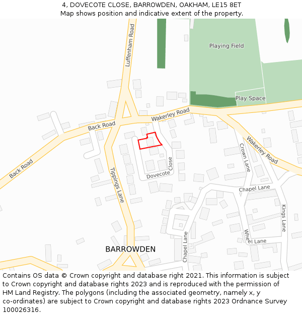 4, DOVECOTE CLOSE, BARROWDEN, OAKHAM, LE15 8ET: Location map and indicative extent of plot