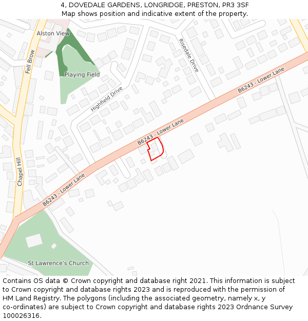 4, DOVEDALE GARDENS, LONGRIDGE, PRESTON, PR3 3SF: Location map and indicative extent of plot