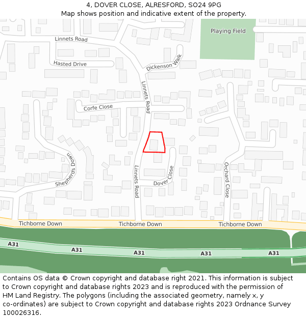 4, DOVER CLOSE, ALRESFORD, SO24 9PG: Location map and indicative extent of plot