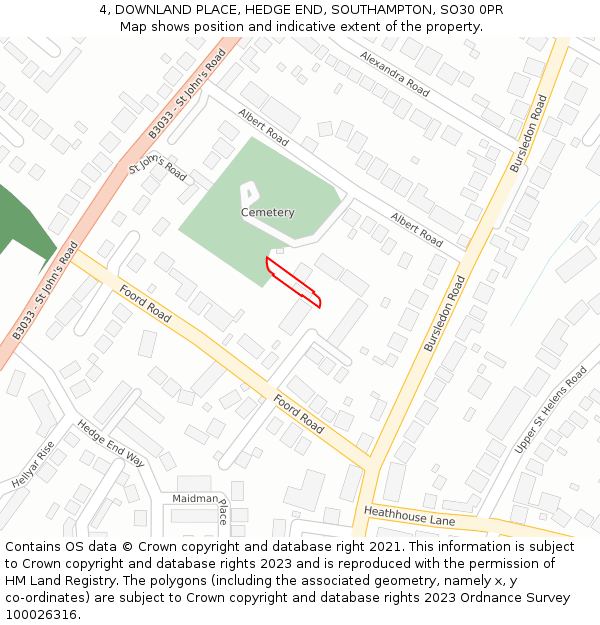 4, DOWNLAND PLACE, HEDGE END, SOUTHAMPTON, SO30 0PR: Location map and indicative extent of plot