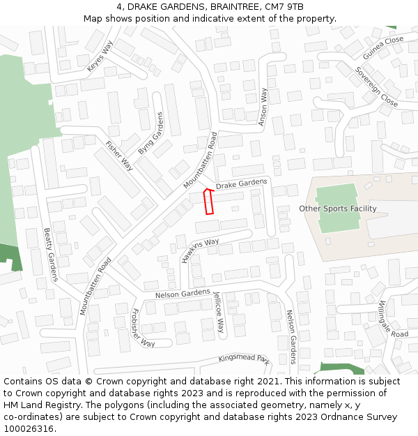 4, DRAKE GARDENS, BRAINTREE, CM7 9TB: Location map and indicative extent of plot