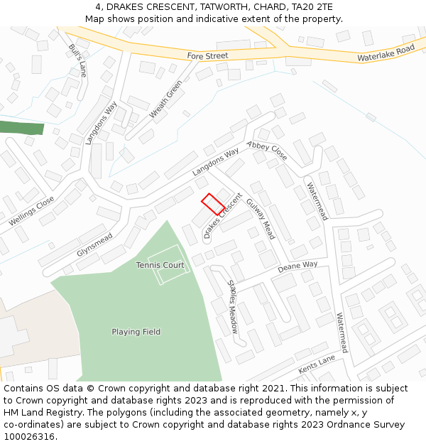 4, DRAKES CRESCENT, TATWORTH, CHARD, TA20 2TE: Location map and indicative extent of plot