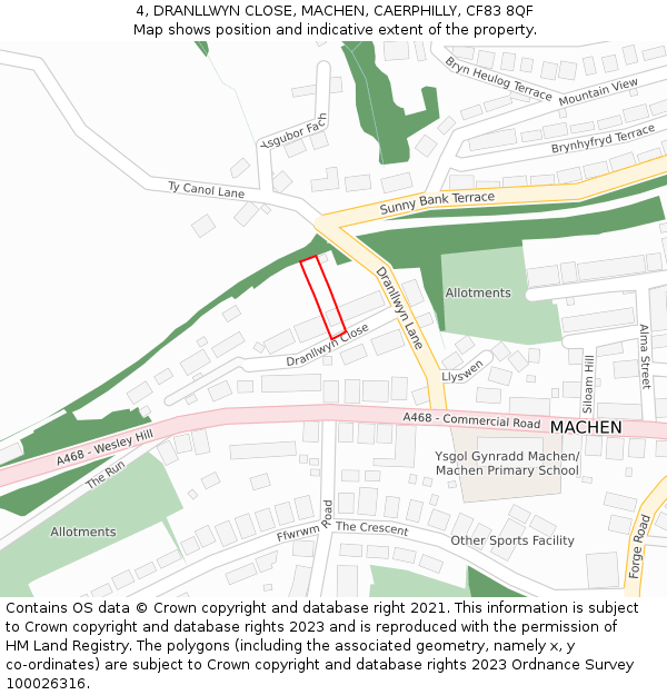 4, DRANLLWYN CLOSE, MACHEN, CAERPHILLY, CF83 8QF: Location map and indicative extent of plot