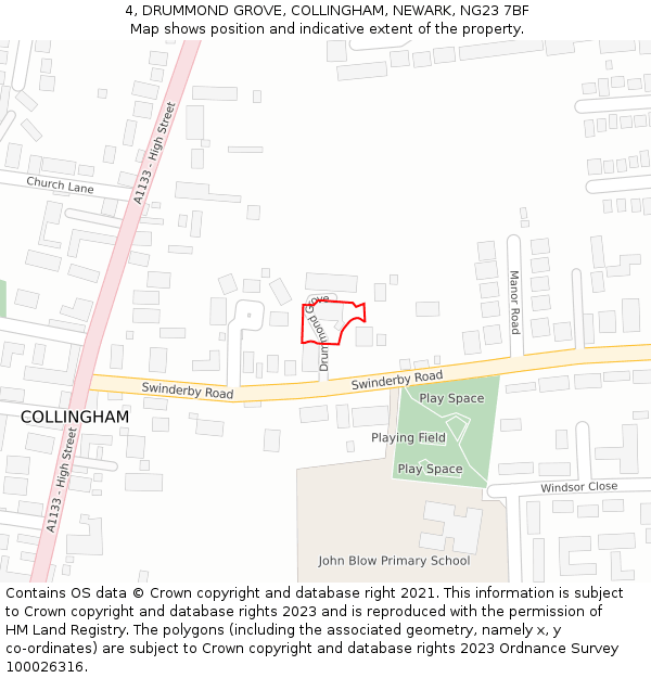 4, DRUMMOND GROVE, COLLINGHAM, NEWARK, NG23 7BF: Location map and indicative extent of plot