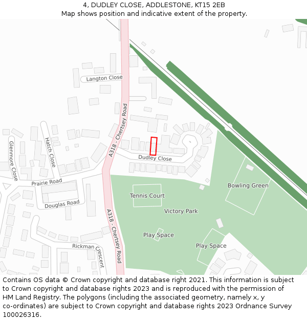 4, DUDLEY CLOSE, ADDLESTONE, KT15 2EB: Location map and indicative extent of plot