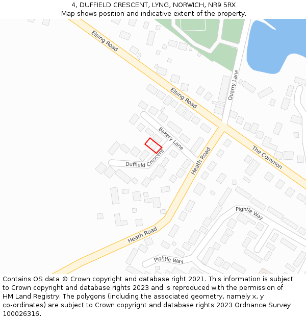 4, DUFFIELD CRESCENT, LYNG, NORWICH, NR9 5RX: Location map and indicative extent of plot