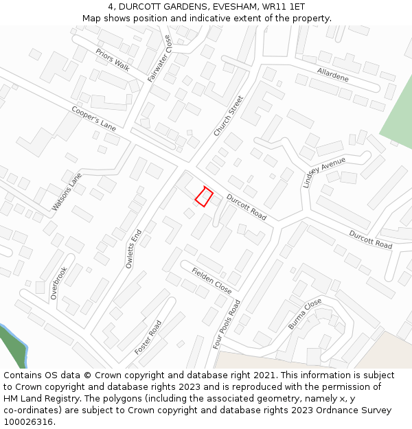 4, DURCOTT GARDENS, EVESHAM, WR11 1ET: Location map and indicative extent of plot