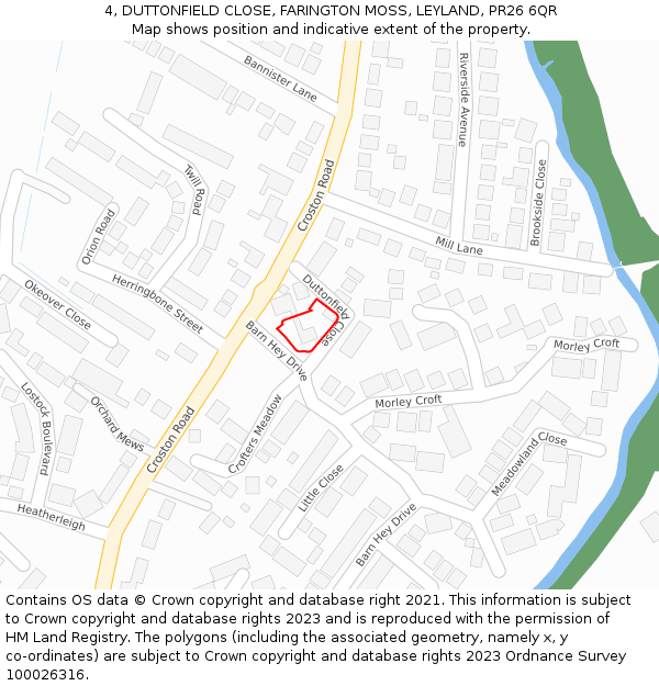 4, DUTTONFIELD CLOSE, FARINGTON MOSS, LEYLAND, PR26 6QR: Location map and indicative extent of plot