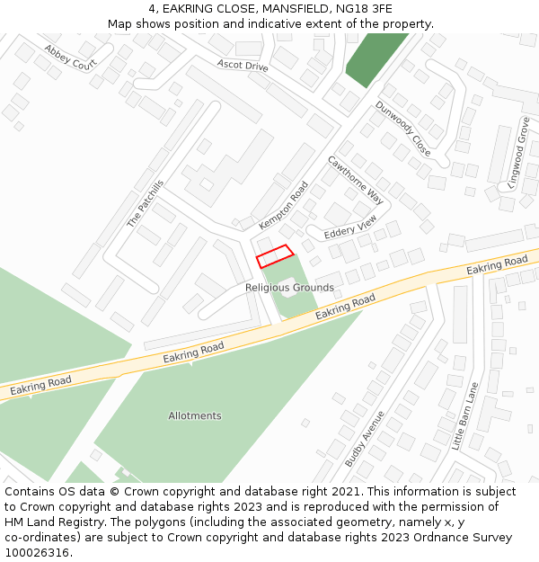 4, EAKRING CLOSE, MANSFIELD, NG18 3FE: Location map and indicative extent of plot