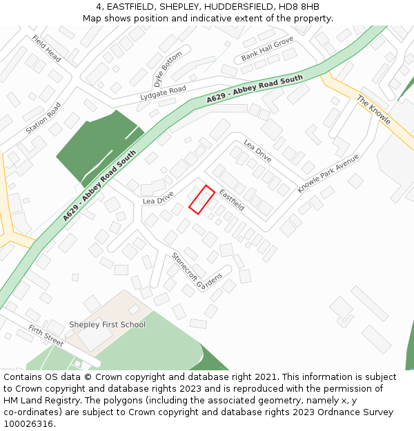 4, EASTFIELD, SHEPLEY, HUDDERSFIELD, HD8 8HB: Location map and indicative extent of plot