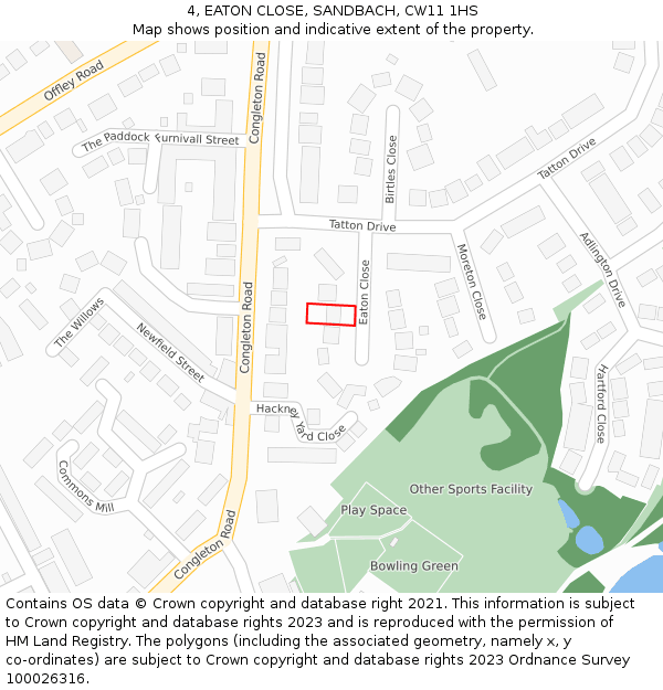 4, EATON CLOSE, SANDBACH, CW11 1HS: Location map and indicative extent of plot