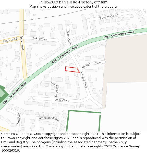 4, EDWARD DRIVE, BIRCHINGTON, CT7 9BY: Location map and indicative extent of plot