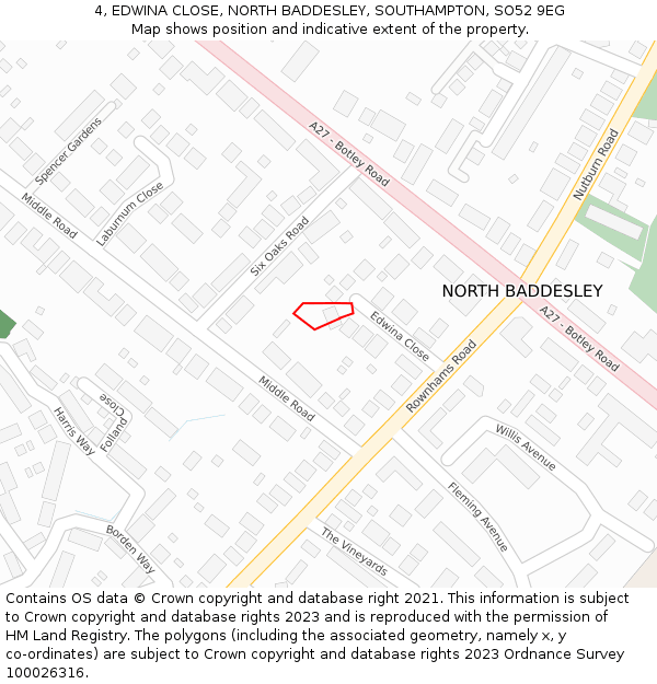 4, EDWINA CLOSE, NORTH BADDESLEY, SOUTHAMPTON, SO52 9EG: Location map and indicative extent of plot