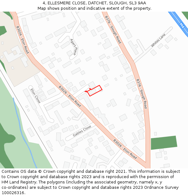 4, ELLESMERE CLOSE, DATCHET, SLOUGH, SL3 9AA: Location map and indicative extent of plot