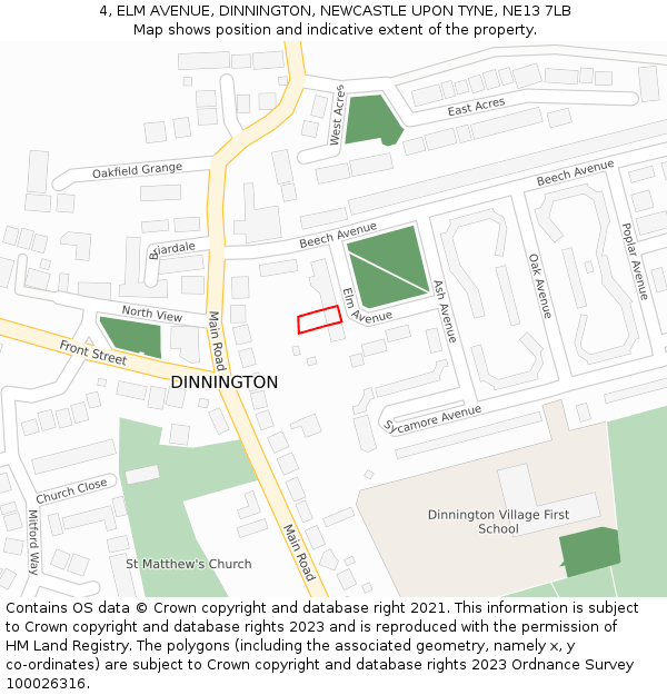4, ELM AVENUE, DINNINGTON, NEWCASTLE UPON TYNE, NE13 7LB: Location map and indicative extent of plot