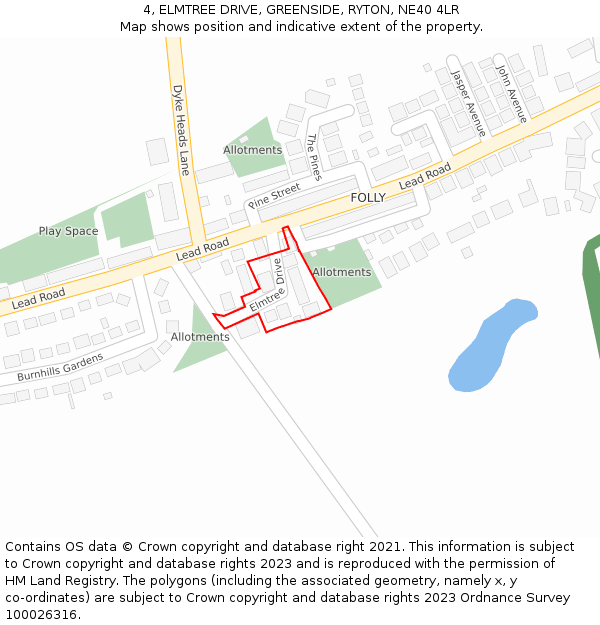 4, ELMTREE DRIVE, GREENSIDE, RYTON, NE40 4LR: Location map and indicative extent of plot