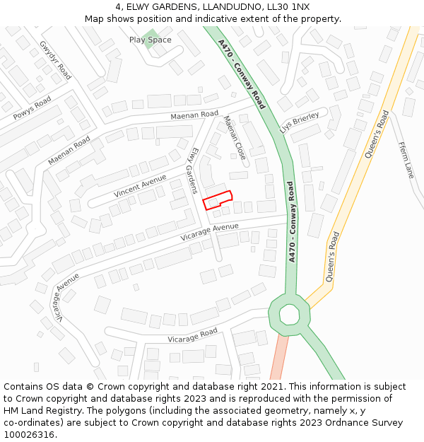4, ELWY GARDENS, LLANDUDNO, LL30 1NX: Location map and indicative extent of plot