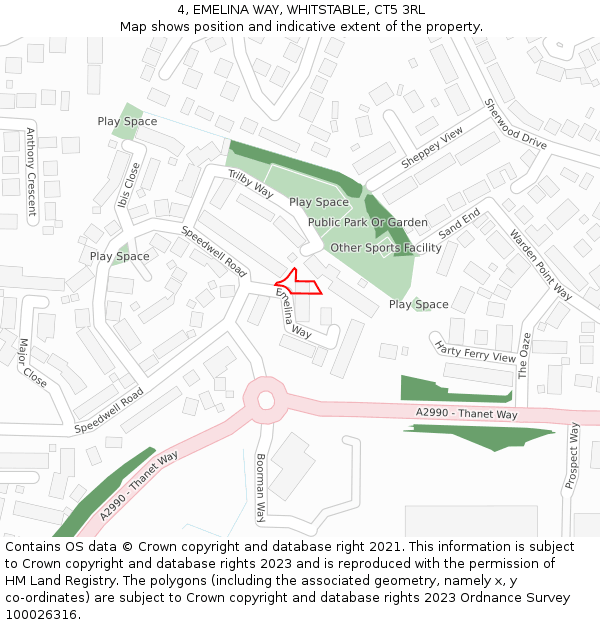 4, EMELINA WAY, WHITSTABLE, CT5 3RL: Location map and indicative extent of plot