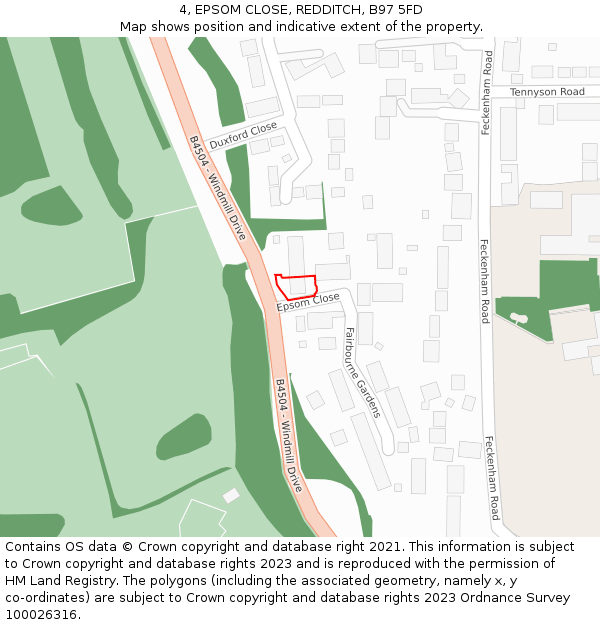 4, EPSOM CLOSE, REDDITCH, B97 5FD: Location map and indicative extent of plot