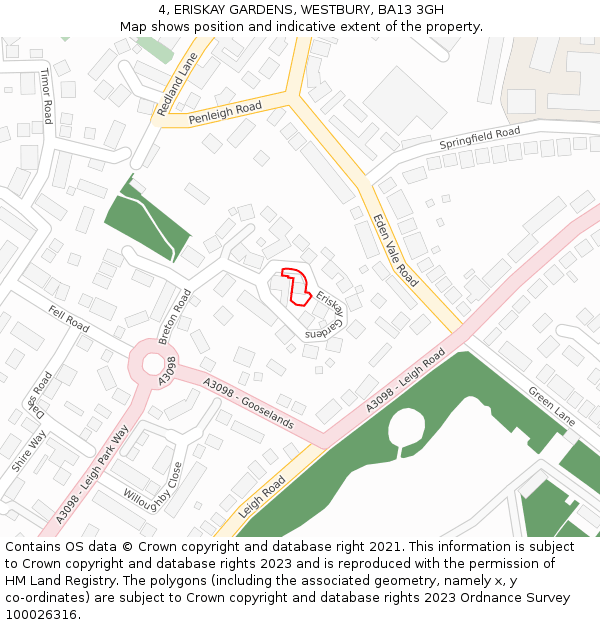 4, ERISKAY GARDENS, WESTBURY, BA13 3GH: Location map and indicative extent of plot