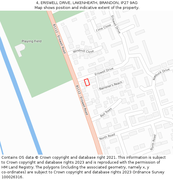 4, ERISWELL DRIVE, LAKENHEATH, BRANDON, IP27 9AG: Location map and indicative extent of plot