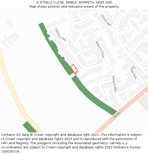 4, ETHELS CLOSE, AMBLE, MORPETH, NE65 0GD: Location map and indicative extent of plot