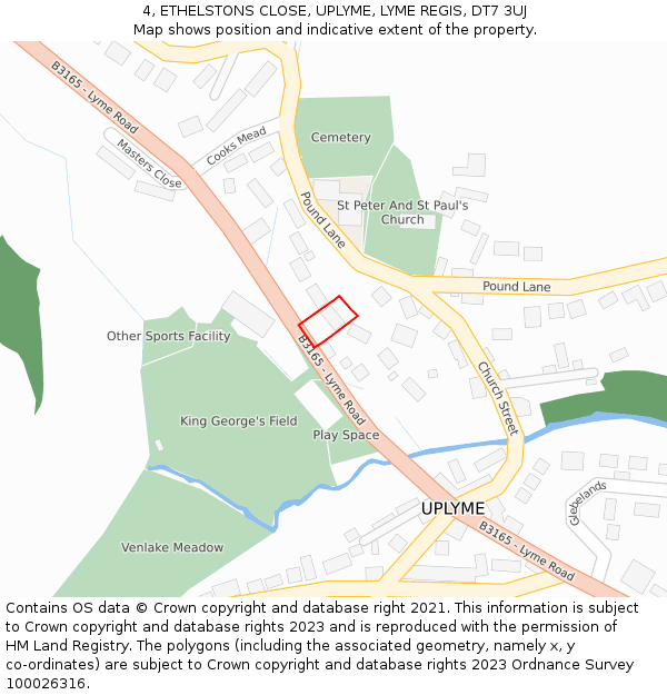 4, ETHELSTONS CLOSE, UPLYME, LYME REGIS, DT7 3UJ: Location map and indicative extent of plot