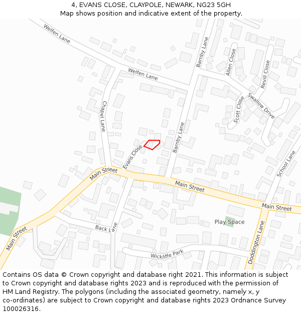 4, EVANS CLOSE, CLAYPOLE, NEWARK, NG23 5GH: Location map and indicative extent of plot