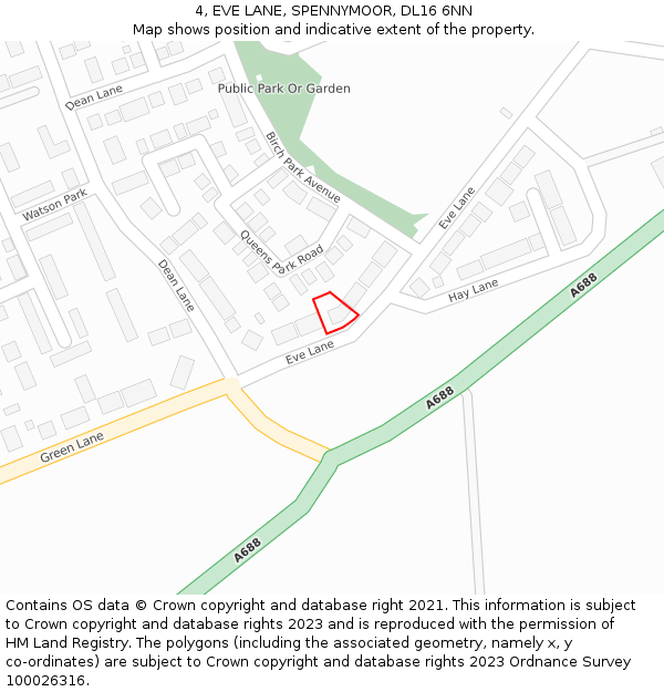 4, EVE LANE, SPENNYMOOR, DL16 6NN: Location map and indicative extent of plot