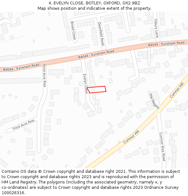 4, EVELYN CLOSE, BOTLEY, OXFORD, OX2 9BZ: Location map and indicative extent of plot