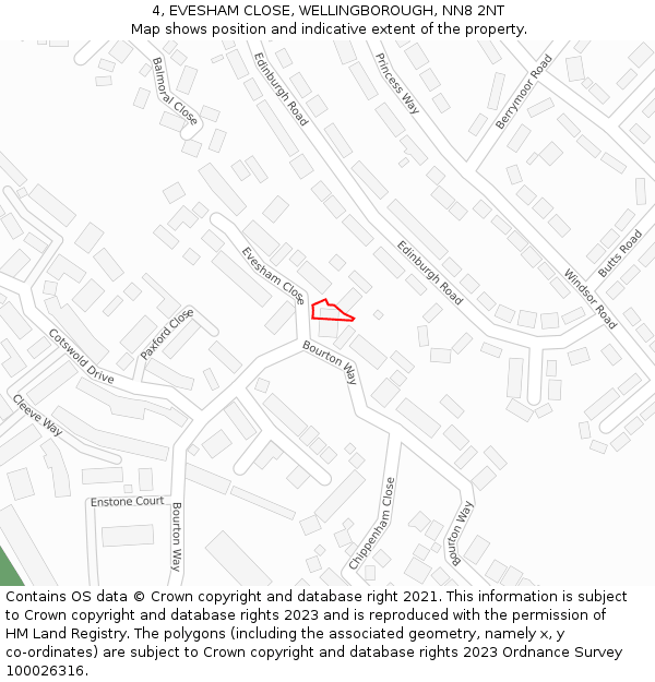 4, EVESHAM CLOSE, WELLINGBOROUGH, NN8 2NT: Location map and indicative extent of plot