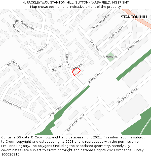 4, FACKLEY WAY, STANTON HILL, SUTTON-IN-ASHFIELD, NG17 3HT: Location map and indicative extent of plot