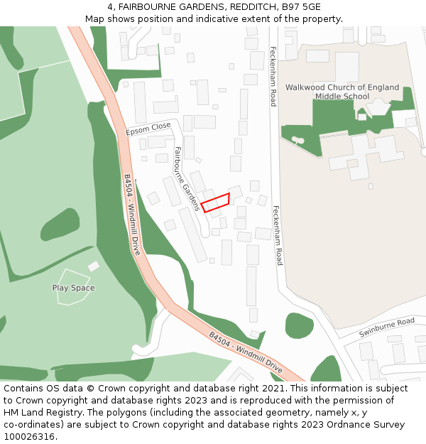 4, FAIRBOURNE GARDENS, REDDITCH, B97 5GE: Location map and indicative extent of plot