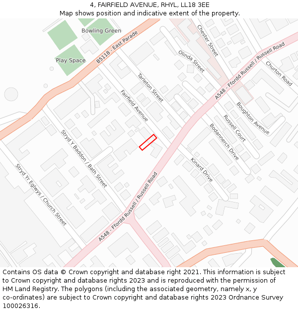 4, FAIRFIELD AVENUE, RHYL, LL18 3EE: Location map and indicative extent of plot