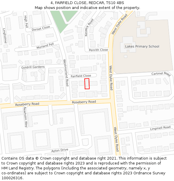 4, FAIRFIELD CLOSE, REDCAR, TS10 4BS: Location map and indicative extent of plot