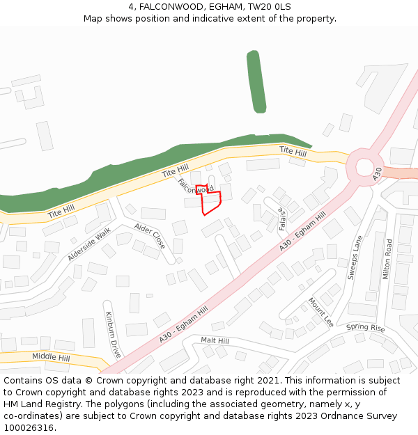 4, FALCONWOOD, EGHAM, TW20 0LS: Location map and indicative extent of plot