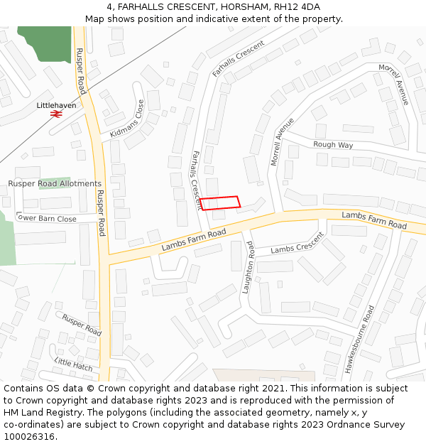 4, FARHALLS CRESCENT, HORSHAM, RH12 4DA: Location map and indicative extent of plot