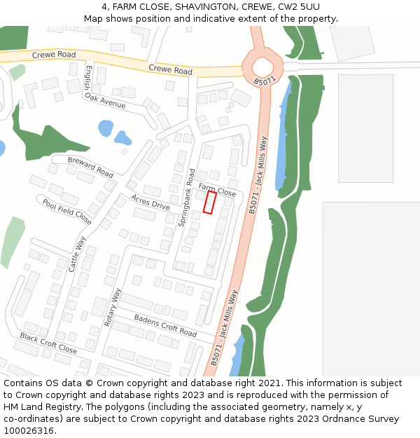 4, FARM CLOSE, SHAVINGTON, CREWE, CW2 5UU: Location map and indicative extent of plot