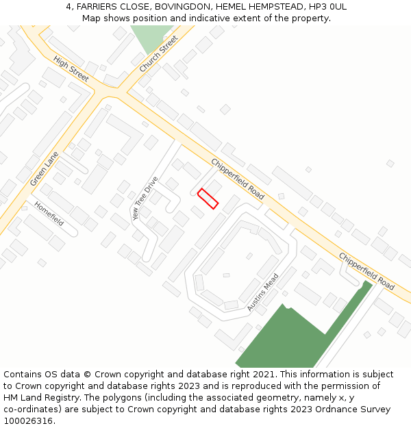 4, FARRIERS CLOSE, BOVINGDON, HEMEL HEMPSTEAD, HP3 0UL: Location map and indicative extent of plot