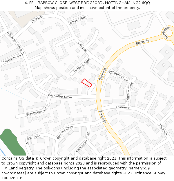 4, FELLBARROW CLOSE, WEST BRIDGFORD, NOTTINGHAM, NG2 6QQ: Location map and indicative extent of plot