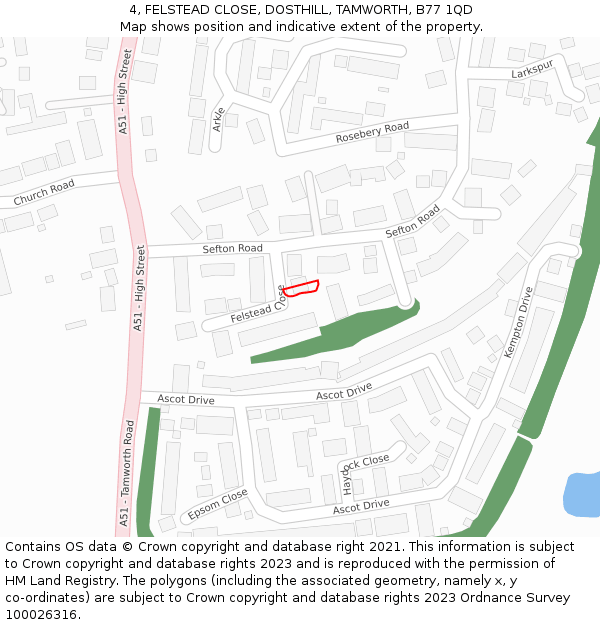 4, FELSTEAD CLOSE, DOSTHILL, TAMWORTH, B77 1QD: Location map and indicative extent of plot