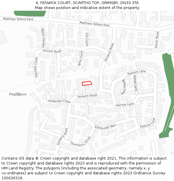 4, FENWICK COURT, SCARTHO TOP, GRIMSBY, DN33 3TA: Location map and indicative extent of plot