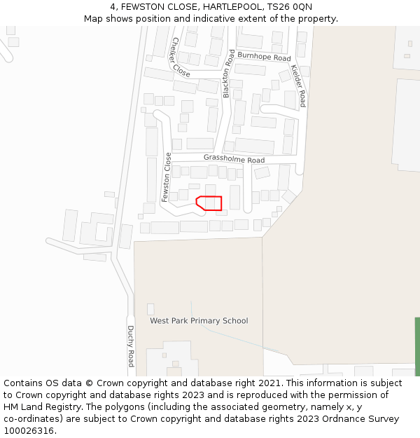 4, FEWSTON CLOSE, HARTLEPOOL, TS26 0QN: Location map and indicative extent of plot