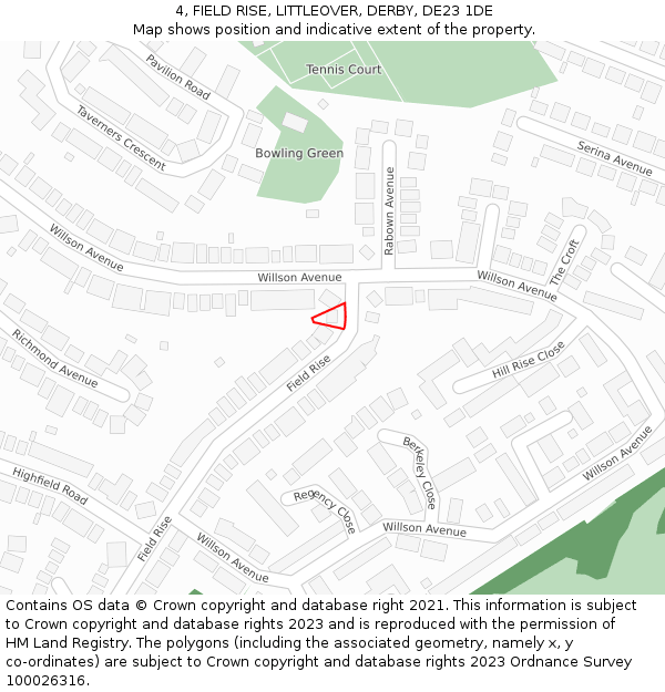 4, FIELD RISE, LITTLEOVER, DERBY, DE23 1DE: Location map and indicative extent of plot